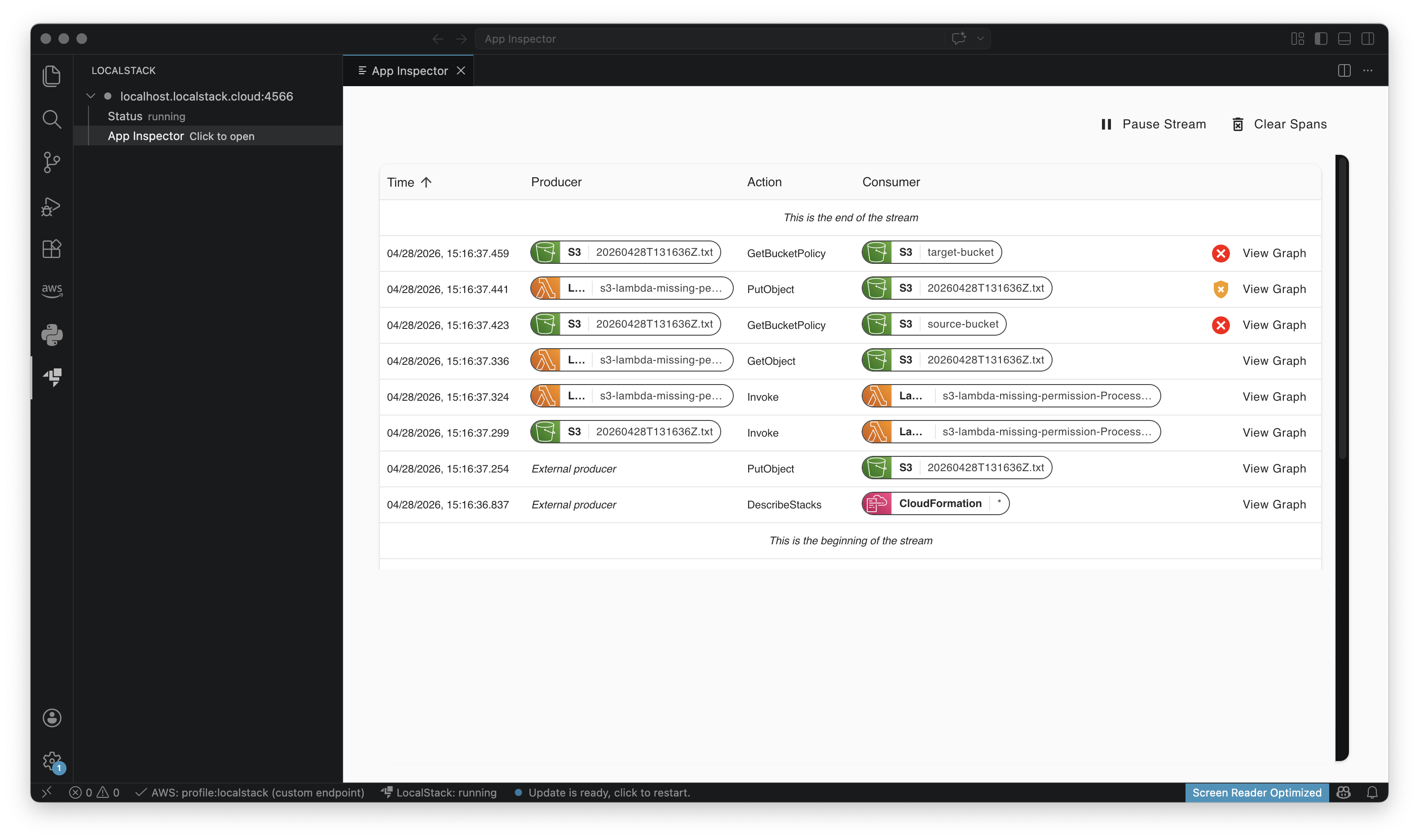 App Inspector panel in the LocalStack Toolkit for VS Code showing a live event stream